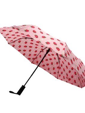 Umbrella - Compact Windproof Automatic - Pink With Strawberry Print- NWT